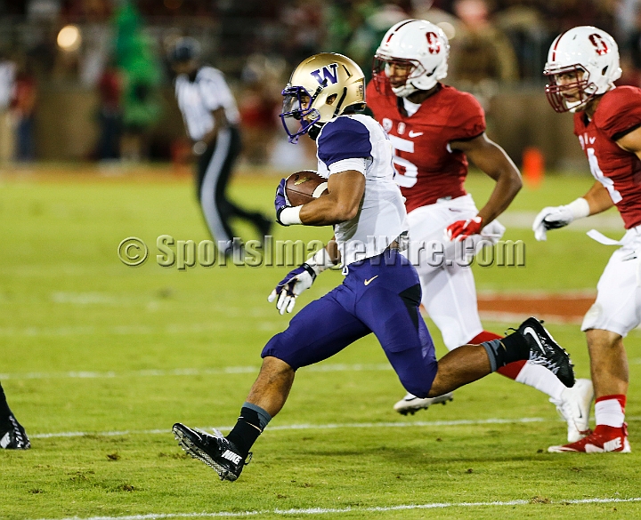 2015StanWash-035.JPG - Oct 24, 2015; Stanford, CA, USA; Washington Huskies tailback Myles Gaskin (9) runs for 7 yards in the first quarter against the Stanford Cardinal at Stanford Stadium. Stanford beat Washington 31-14.